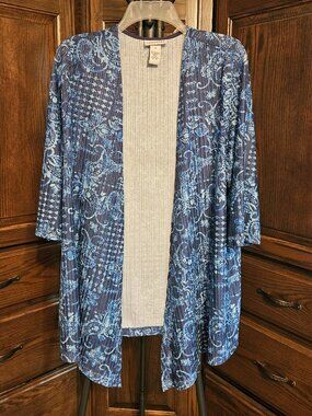 Catherines 0X Blue Paisley Open Front Cardigan Duster